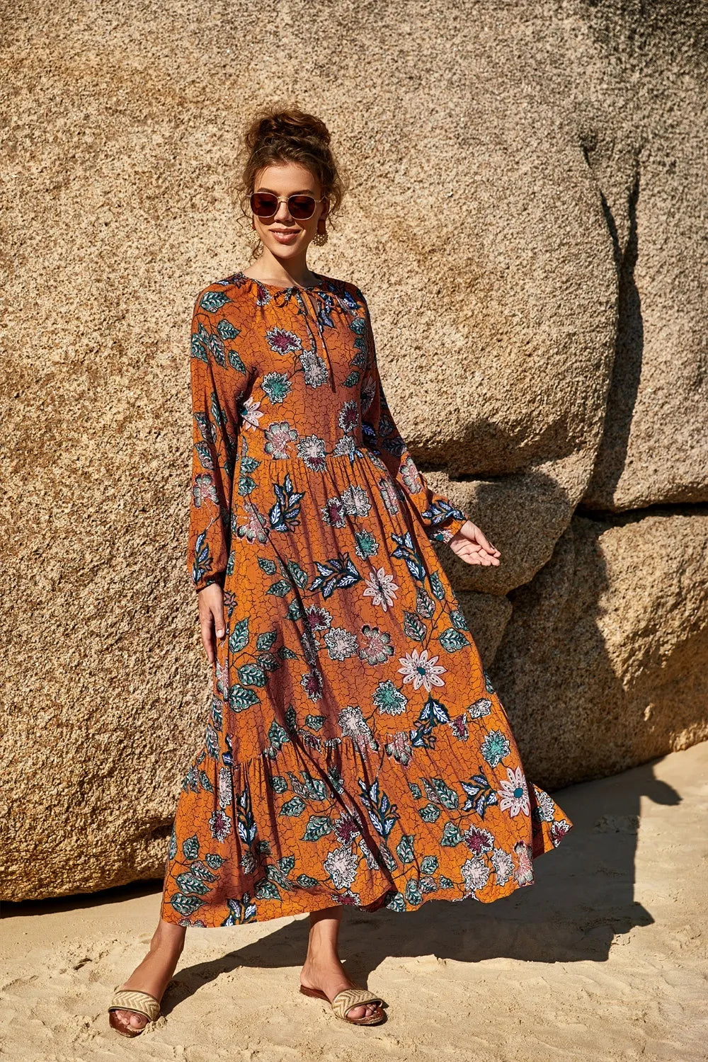 Printed Tie Neck Long Sleeve Dress