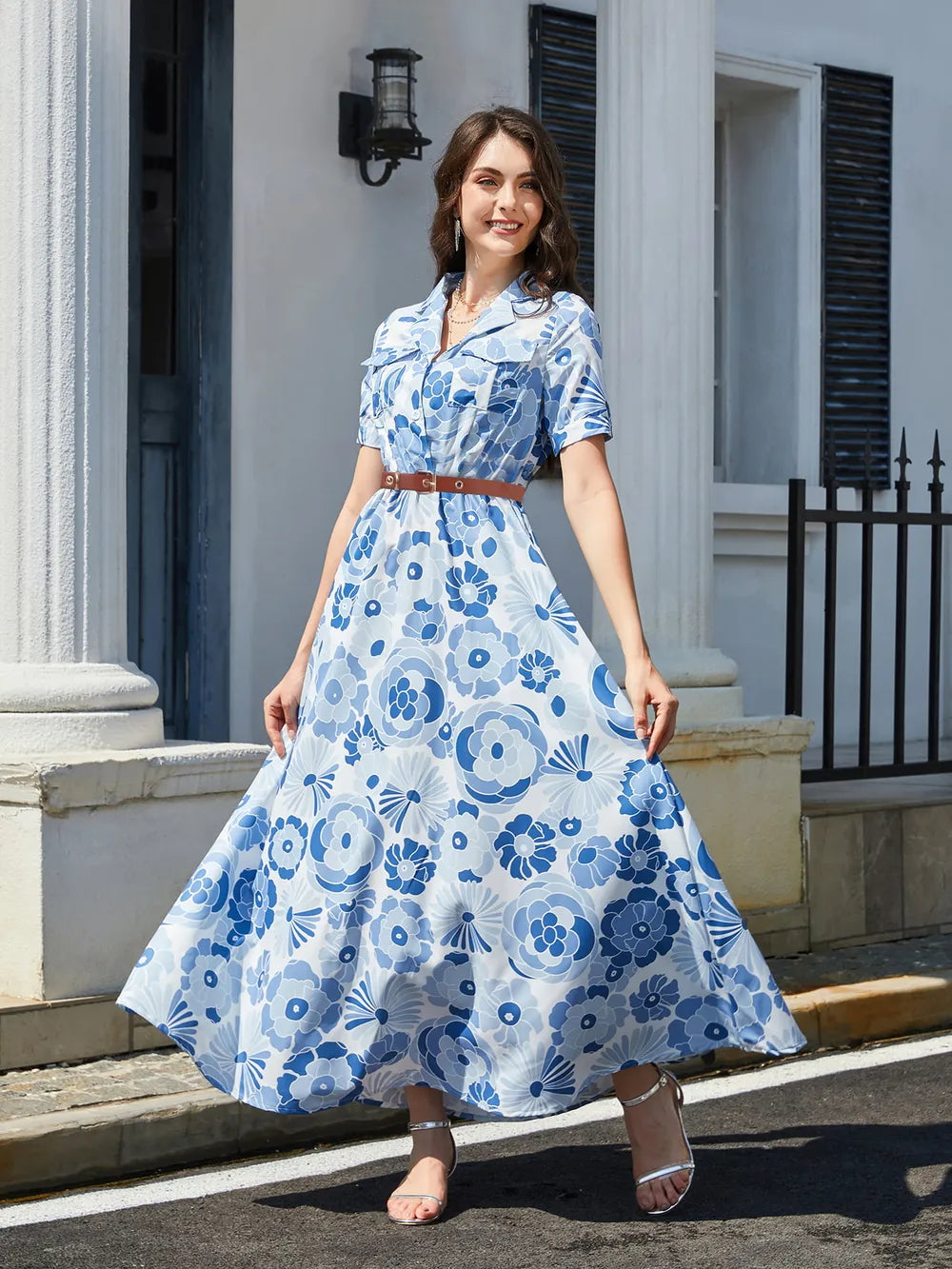 Floral Print Lapel Collar Short Sleeve Maxi Dress