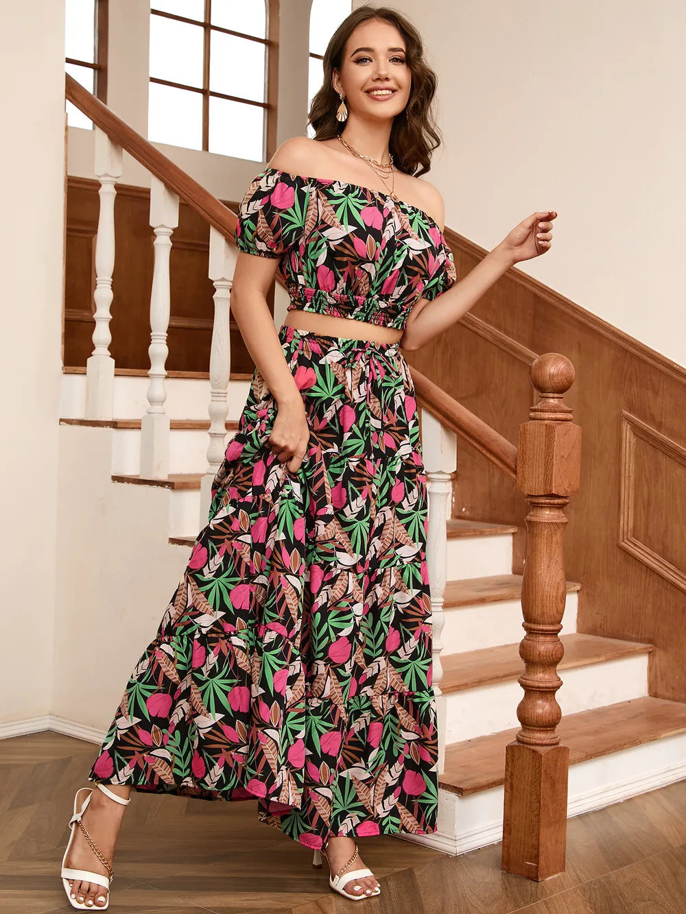 Floral Off-Shoulder Top and Maxi Skirt Set