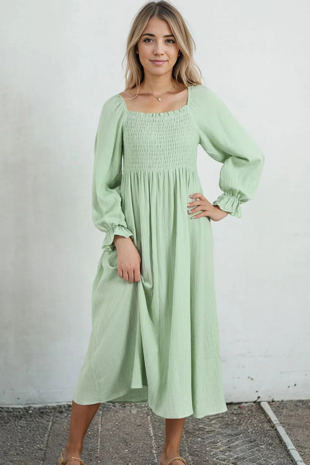 Smocked Flounce Sleeve Square Neck Dress