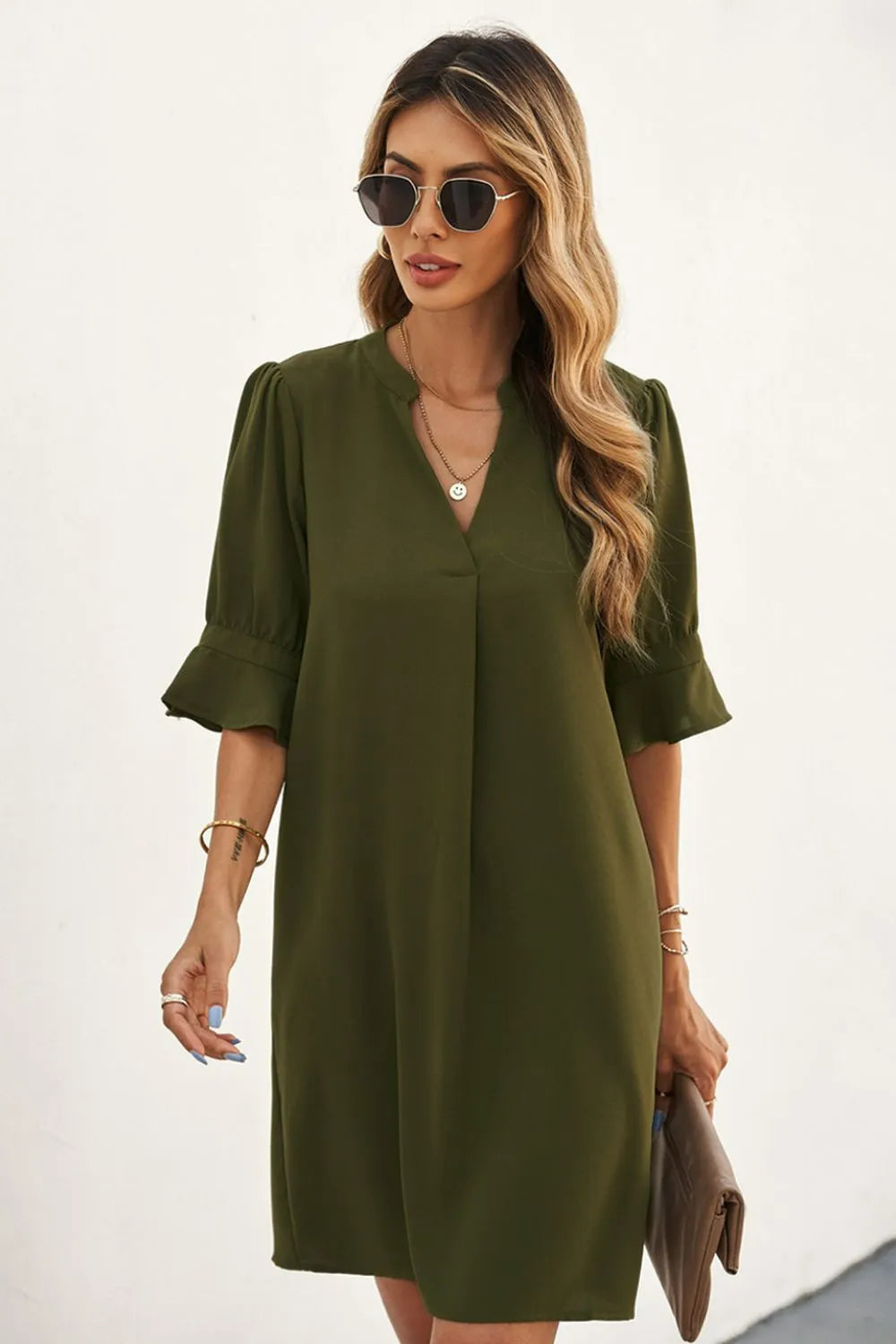 Puff Sleeve Notched Mini Shift Dress