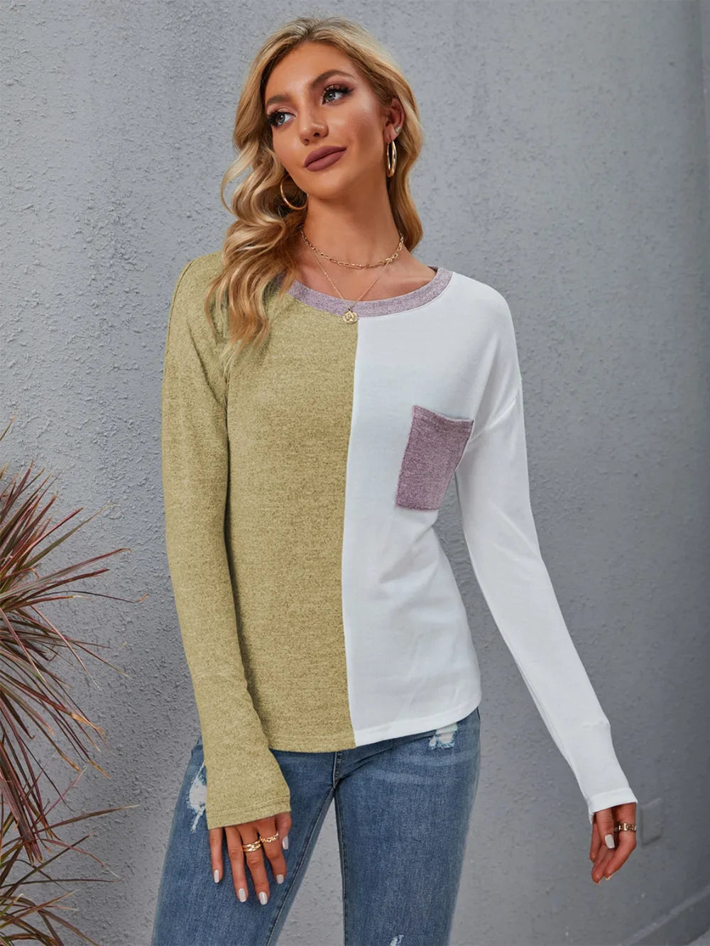 Color Block Round Neck Top with Pocket