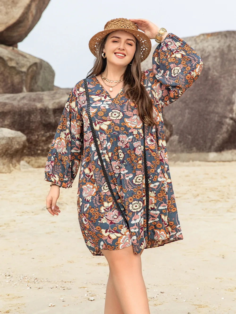 Plus Size Printed V-Neck Balloon Sleeve Mini Dress