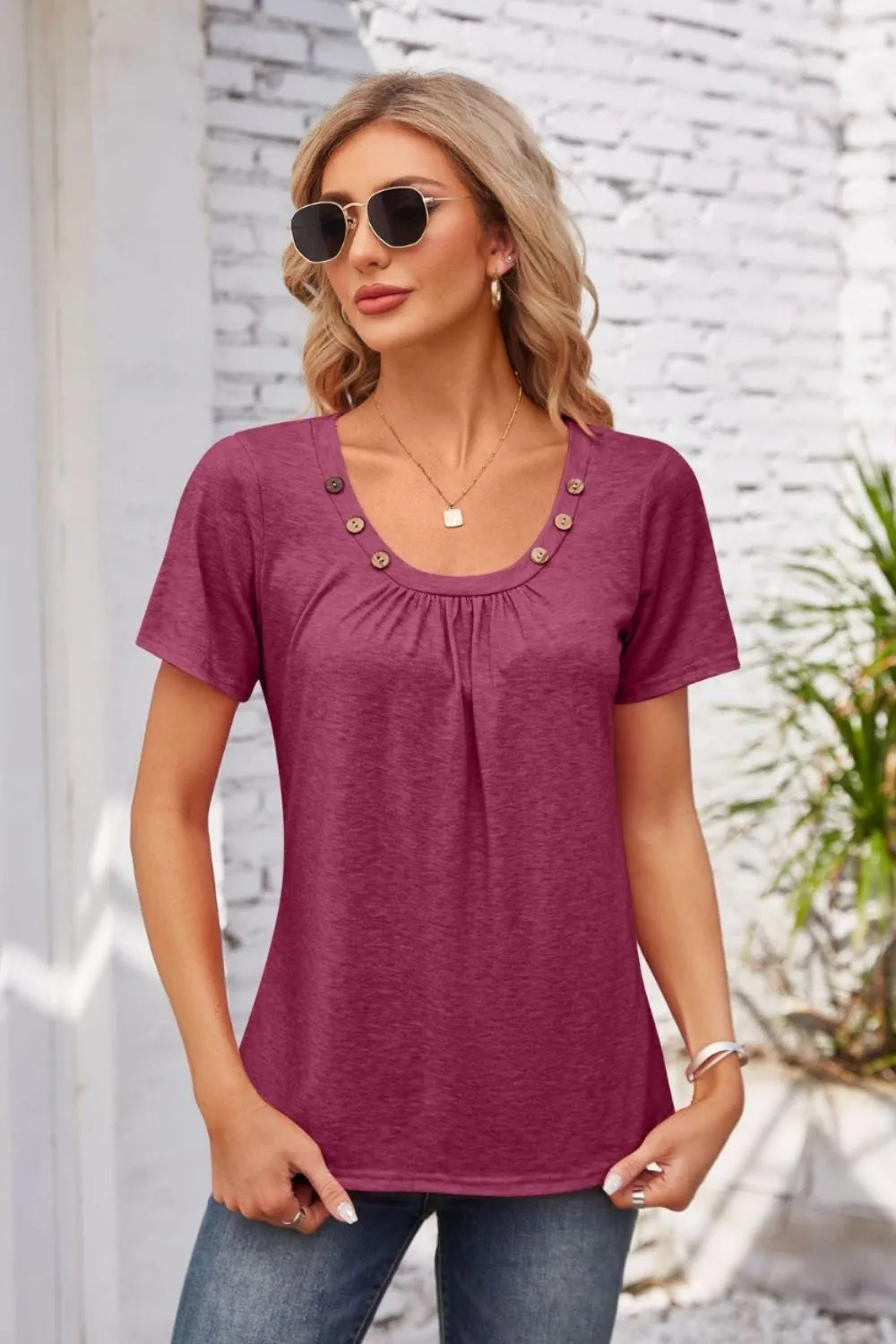 Decorative Button Scoop Neck T-Shirt