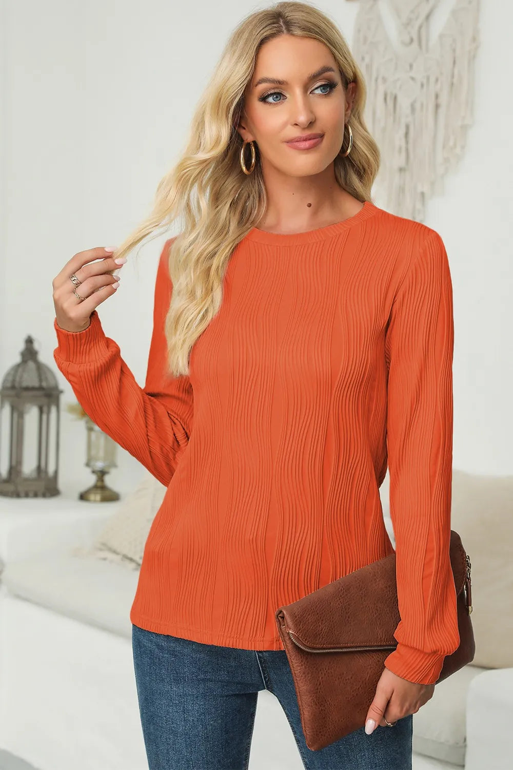 Textured Round Neck Long Sleeve Blouse