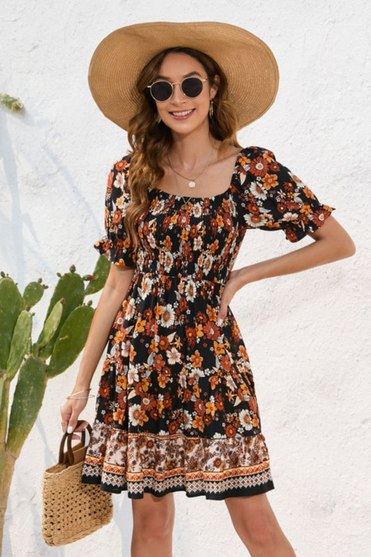 Printed Square Neck Short Sleeve Dress