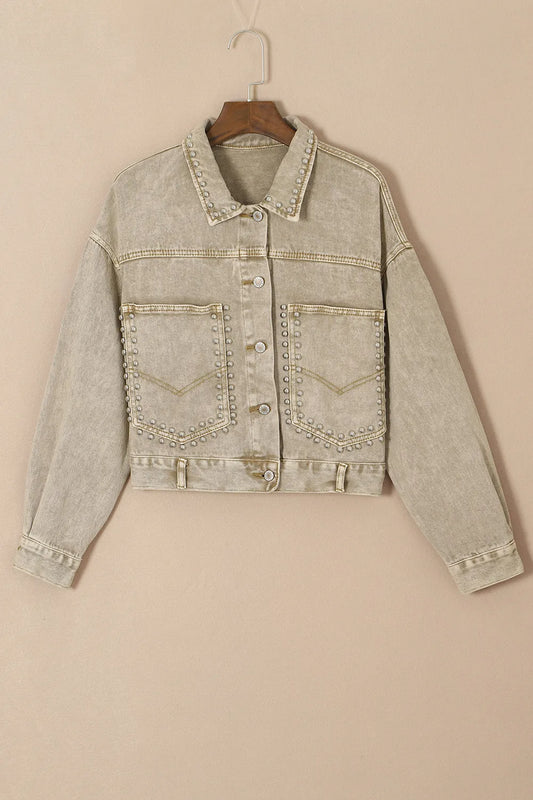 Studded Collared Neck Denim Jacket with Pockets