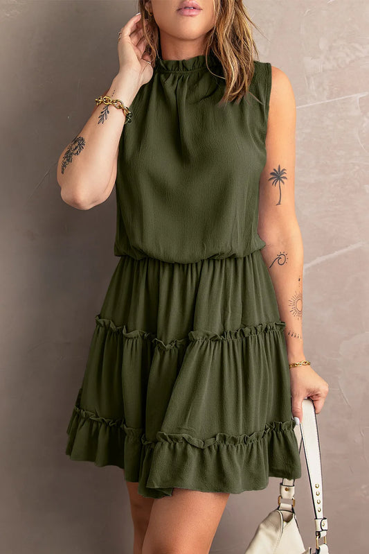 Tie Neck Frill Trim Sleeveless Mini Dress