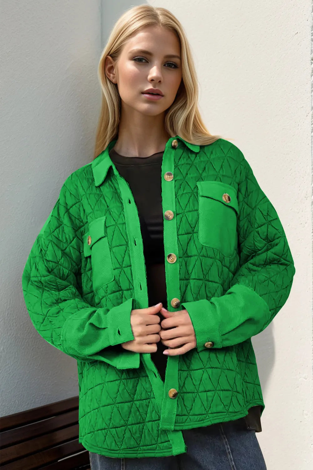 Double Take Full Size Button Up Quilted Shacket