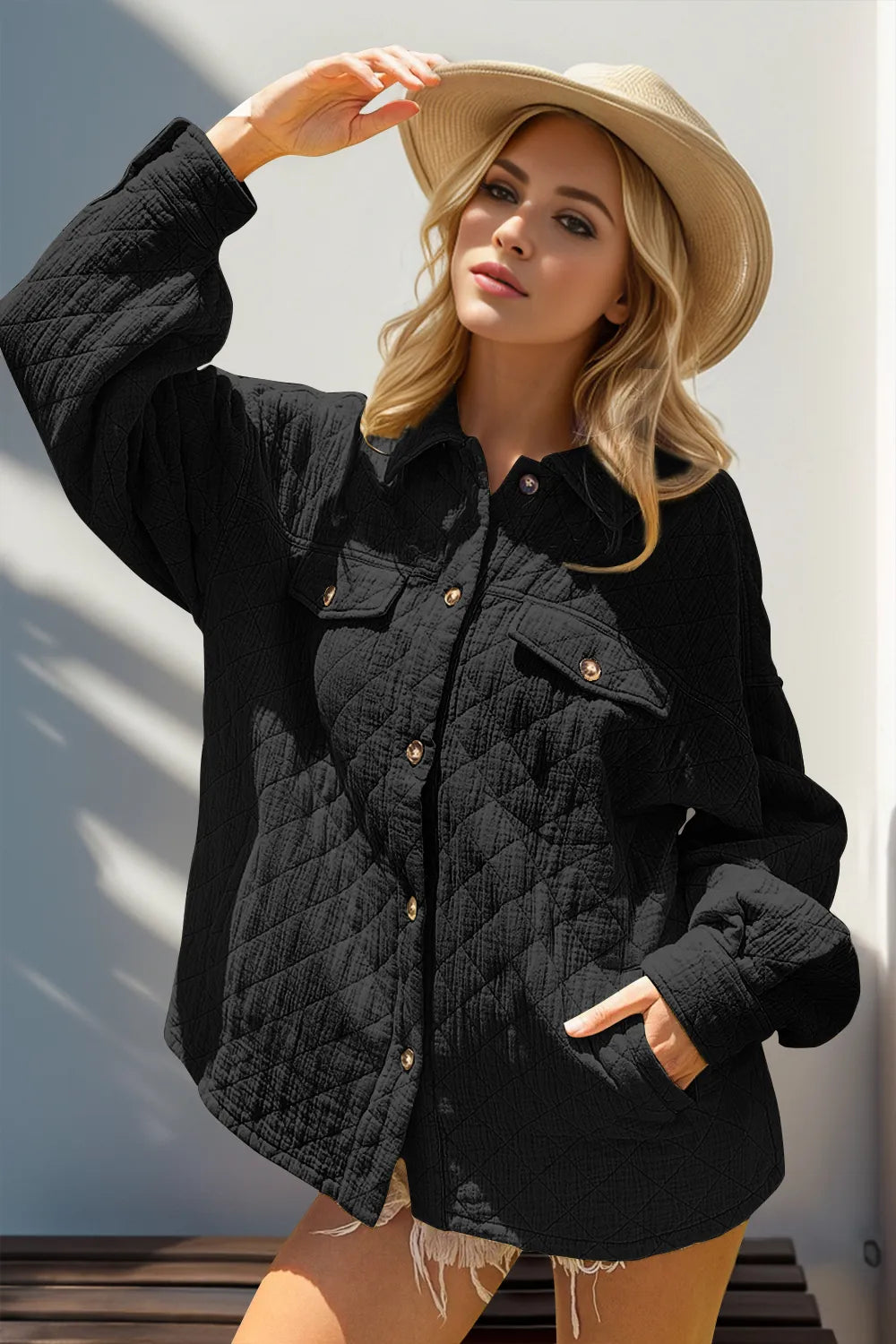 Double Take Full Size Button Up Quilted Shacket