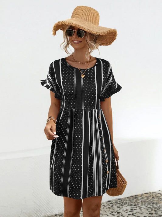 Striped Polka Dot Frill Short Sleeve Mini Dress