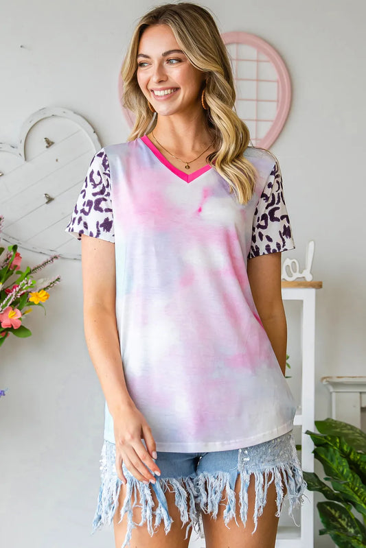 Tie-Dye Leopard V-Neck Tee