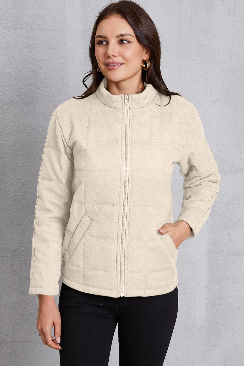 Zip Up Mock Neck Pocketed Jacket