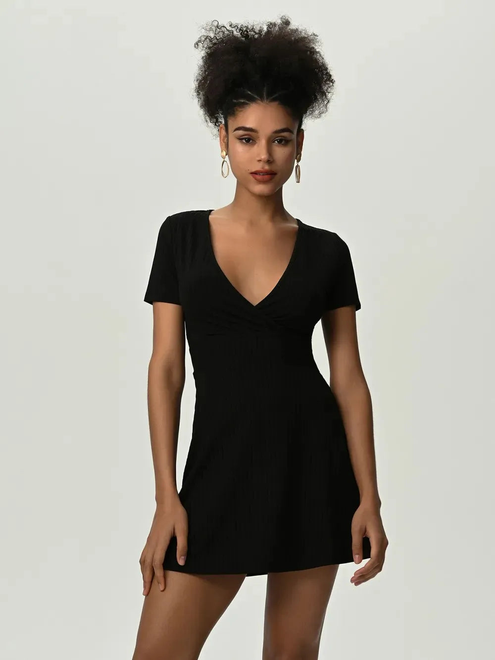 Deep V Short Sleeve Mini Dress