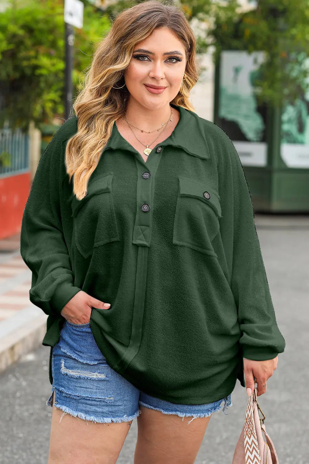 Plus Size Half Button Collared Neck Long Sleeve Blouse