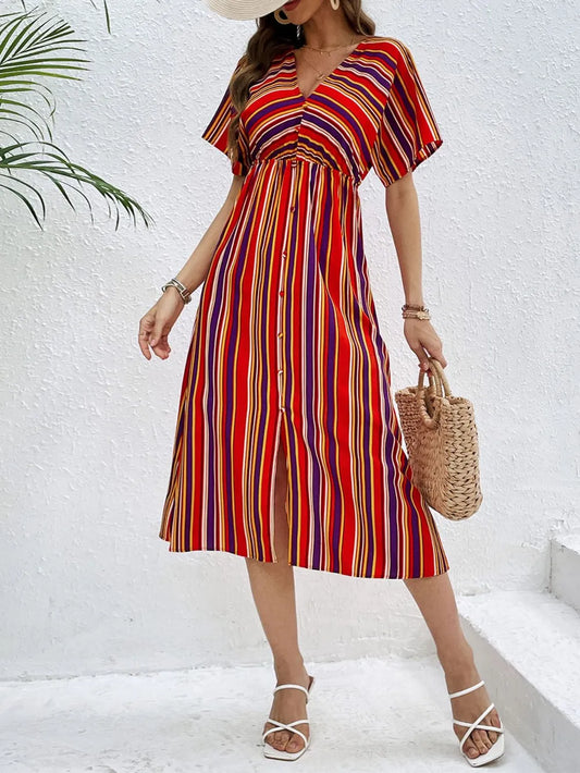 Slit Striped V-Neck Short Sleeve Midi Dress