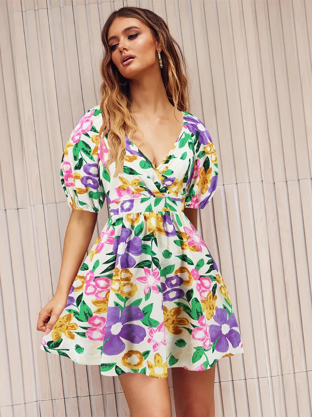 Printed Surplice Short Sleeve Dress