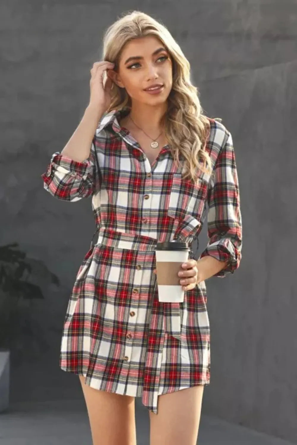 Tartan Print Button Down Shirt Dress