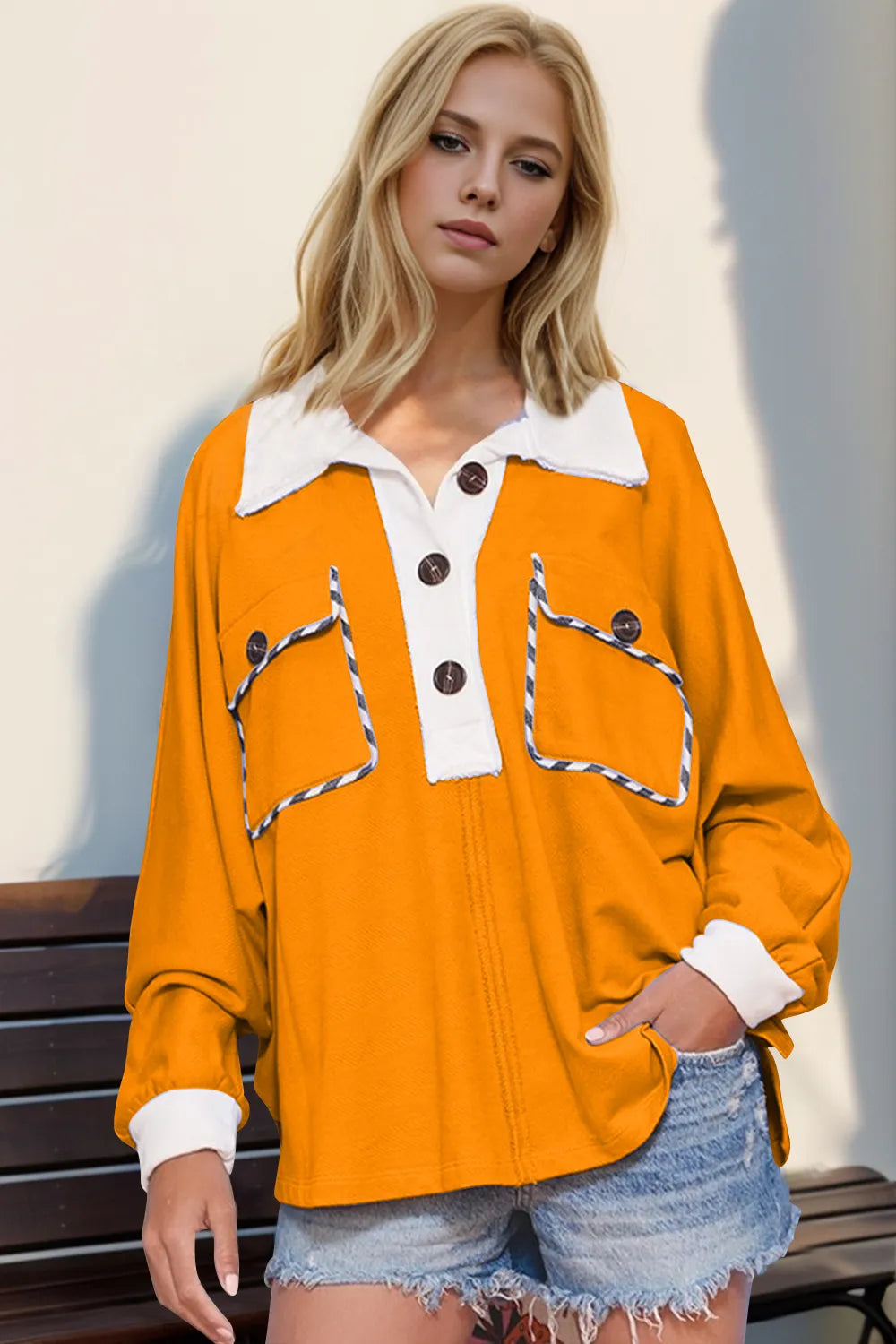 Double Take Full Size Half Button Contrast Long Sleeve Top