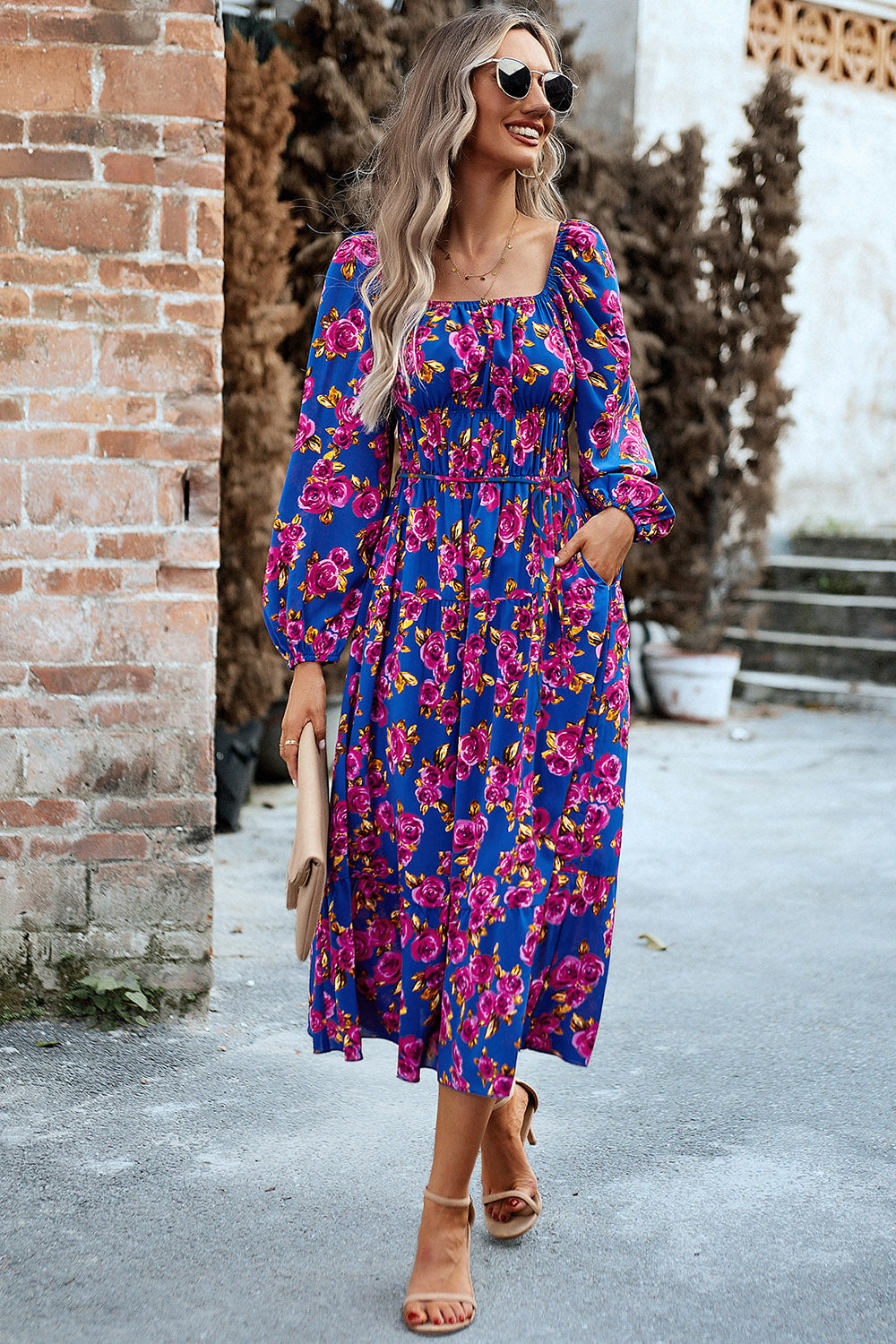 Printed Balloon Sleeve Midi Dress