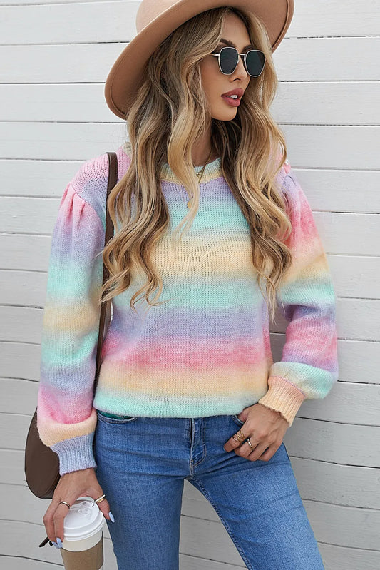 Woven Right Gradient Stripes Bishop Sleeve Sweater