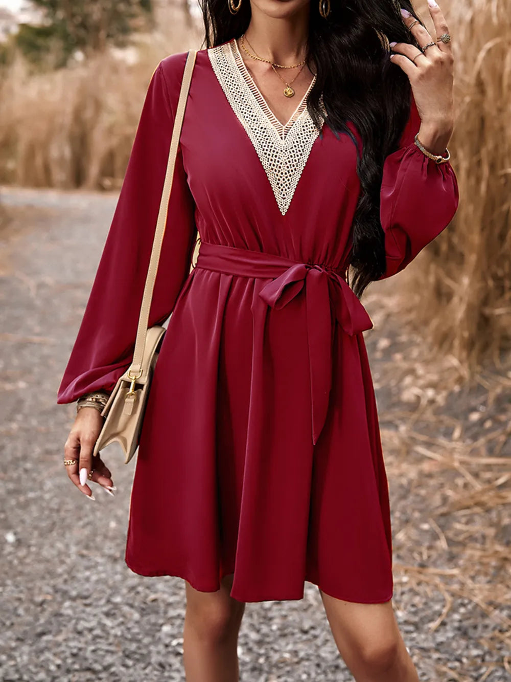 Long Sleeve Tie Waist V-Neck Mini Dress