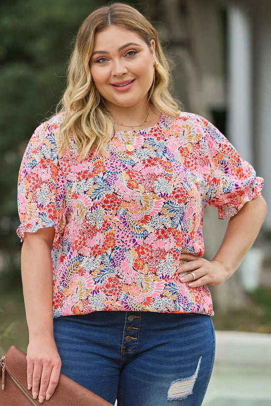 Plus Size Multicolored Round Neck Flounce Sleeve Blouse