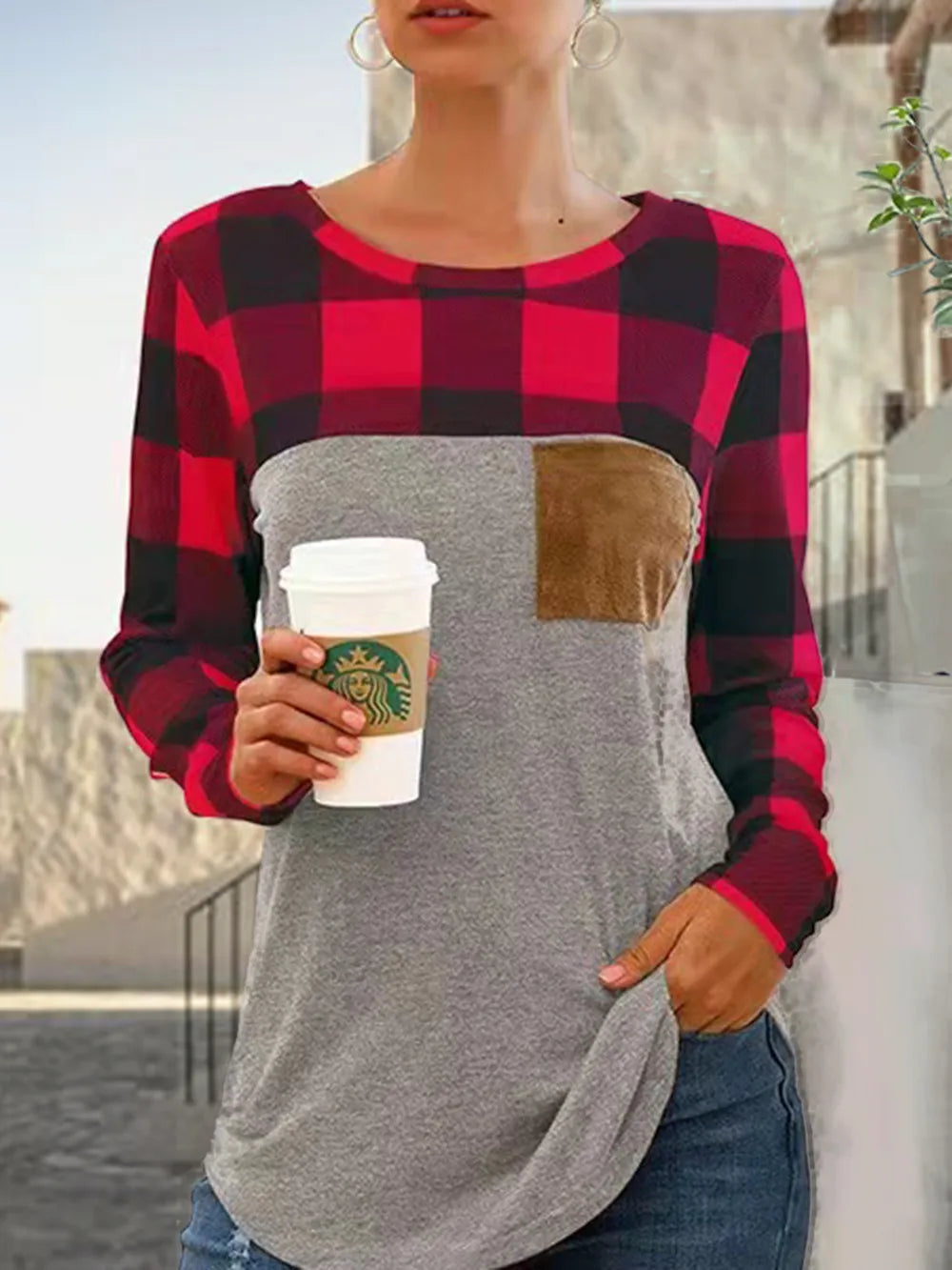 Plaid Round Neck Long Sleeve T-Shirt