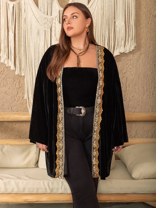 Plus Size Sequin Dropped Shoulder Open Front Outerwear