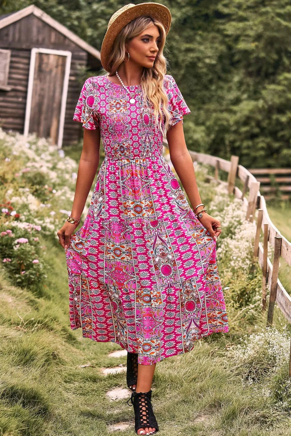 Printed Tie Back Flutter Sleeve Dress