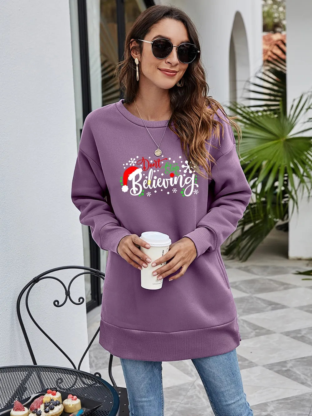 DON'T STOP BELIEVING Graphic Drop Shoulder Sweatshirt