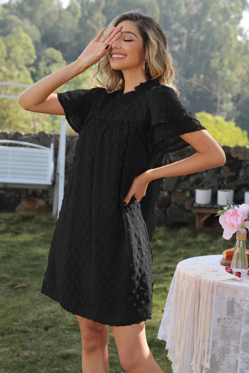 Swiss Dot Round Neck Flutter Sleeve Dress