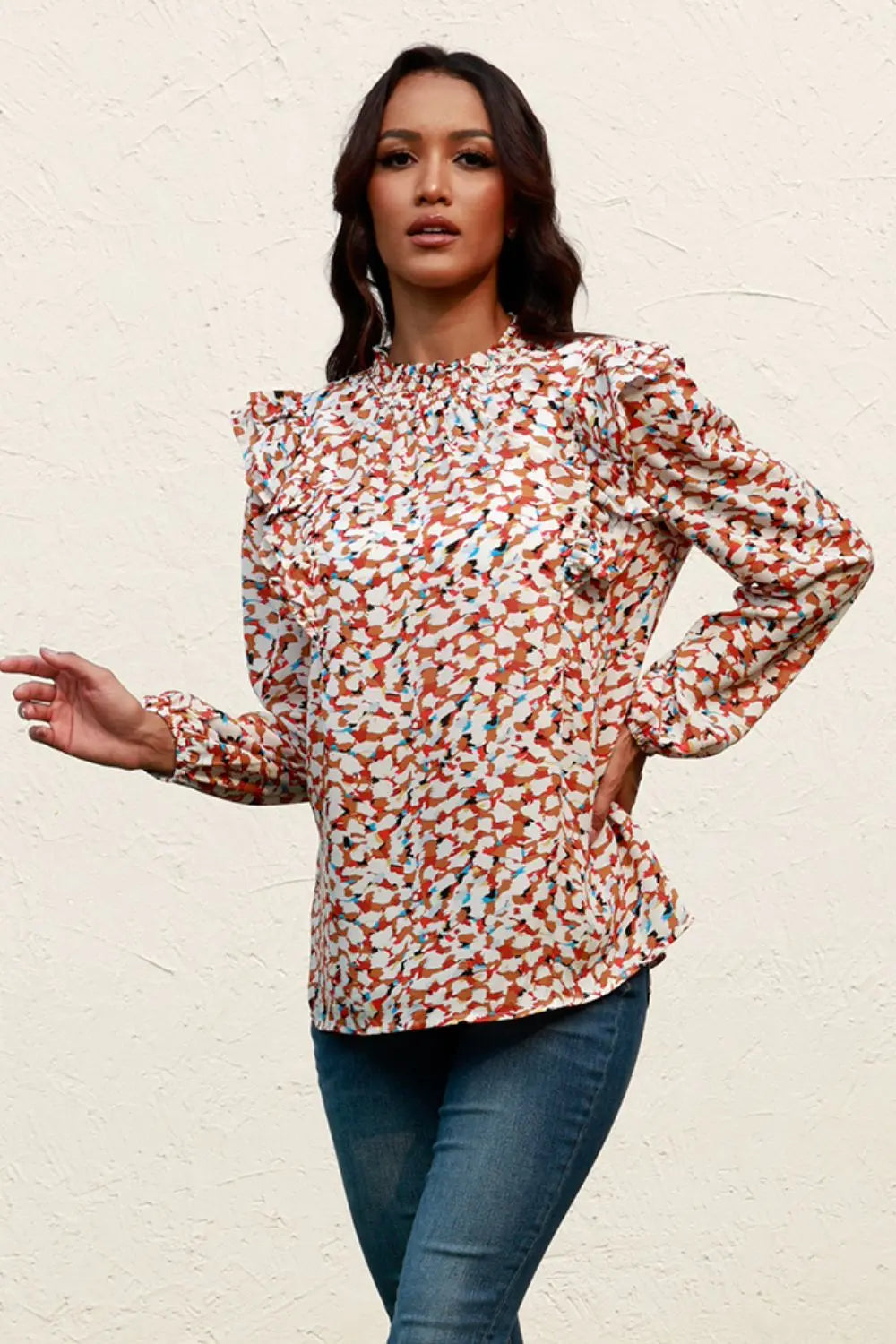 Printed Ruffle Shoulder Long Sleeve Blouse
