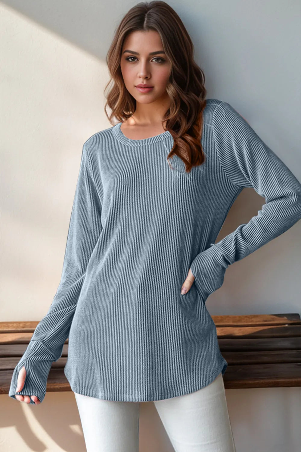 Double Take Full Size Round Neck Thumbhole Long Sleeve T-Shirt