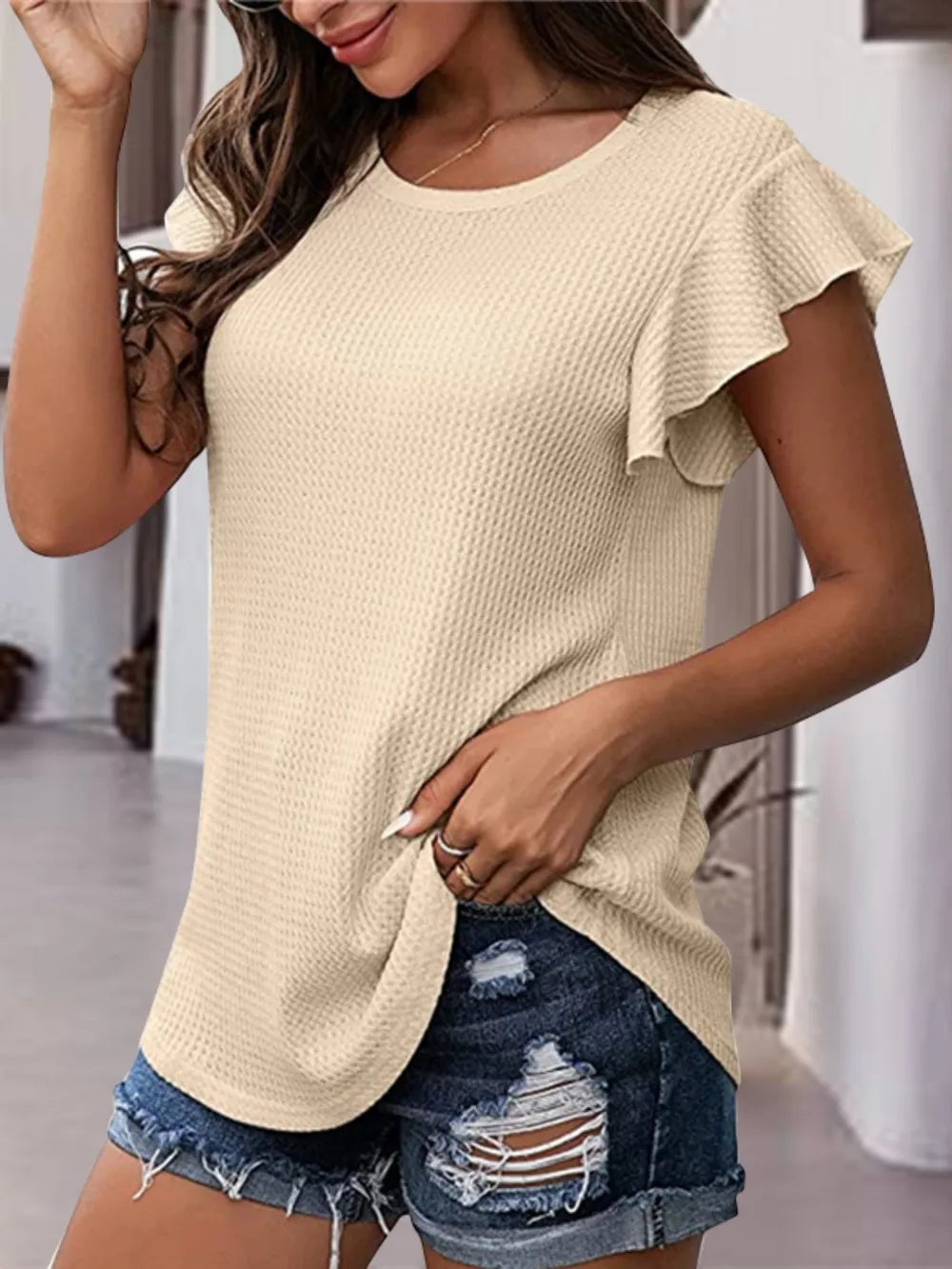 Waffle-Knit Round Neck Cap Sleeve Blouse