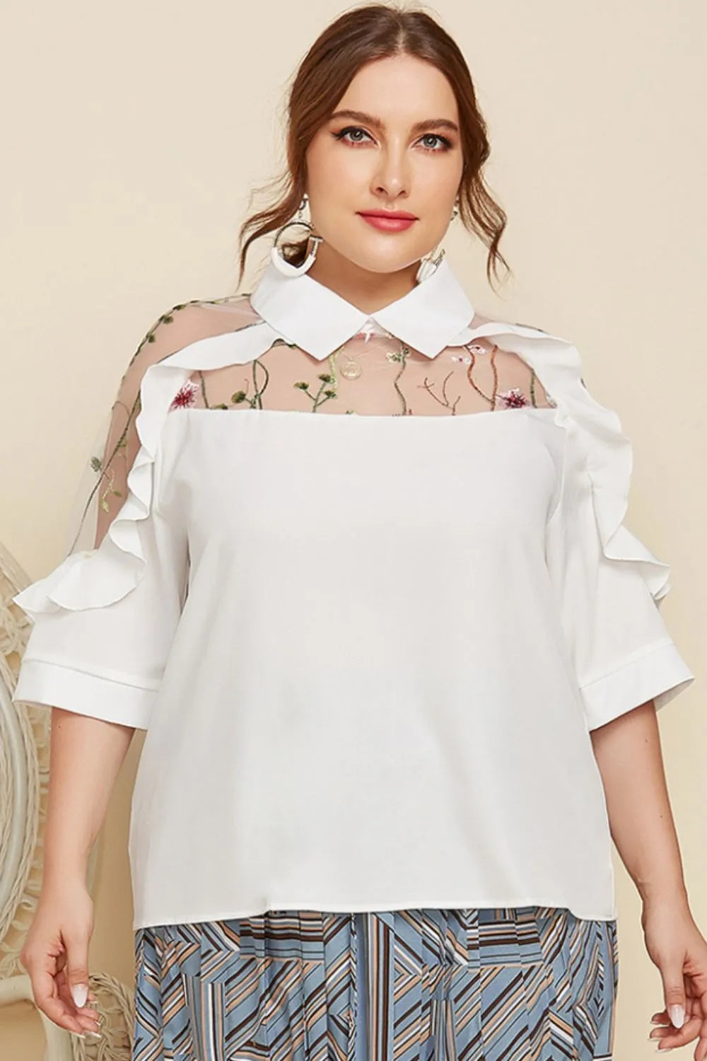 Plus Size Embroidered Ruffle Trim Collared Half Sleeve Blouse