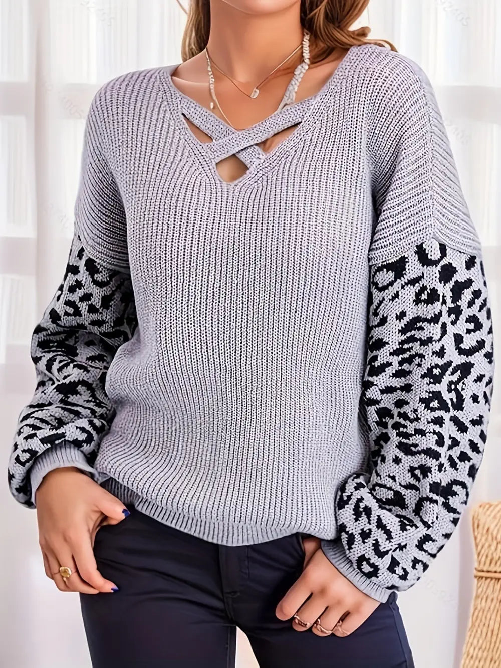 Plus Size Leopard Crisscross V-Neck Sweater