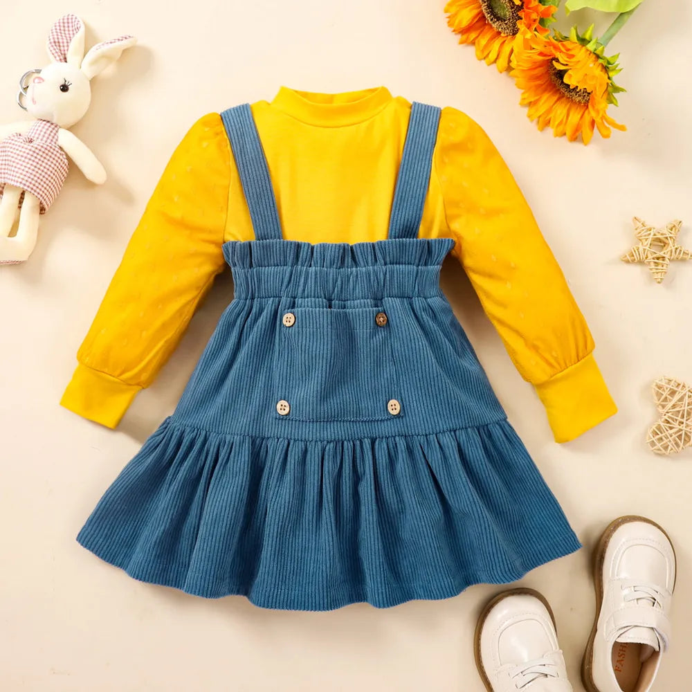 Puff Sleeve Round Neck Top and Buttoned Overall Dress Set