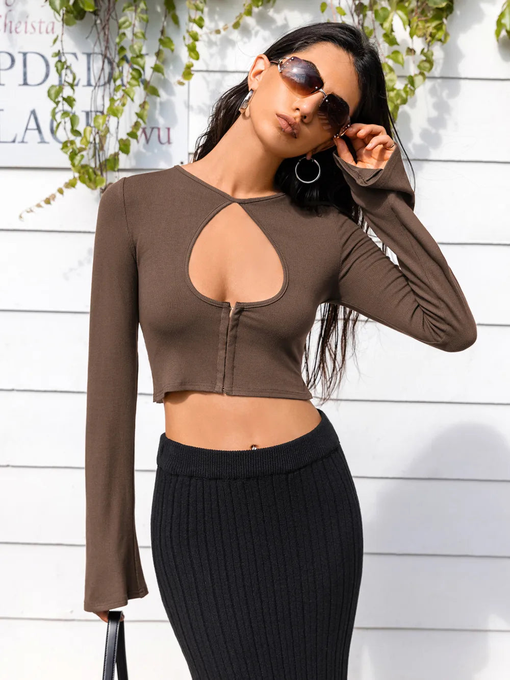 Long Sleeve Cutout Zip Up Crop Top