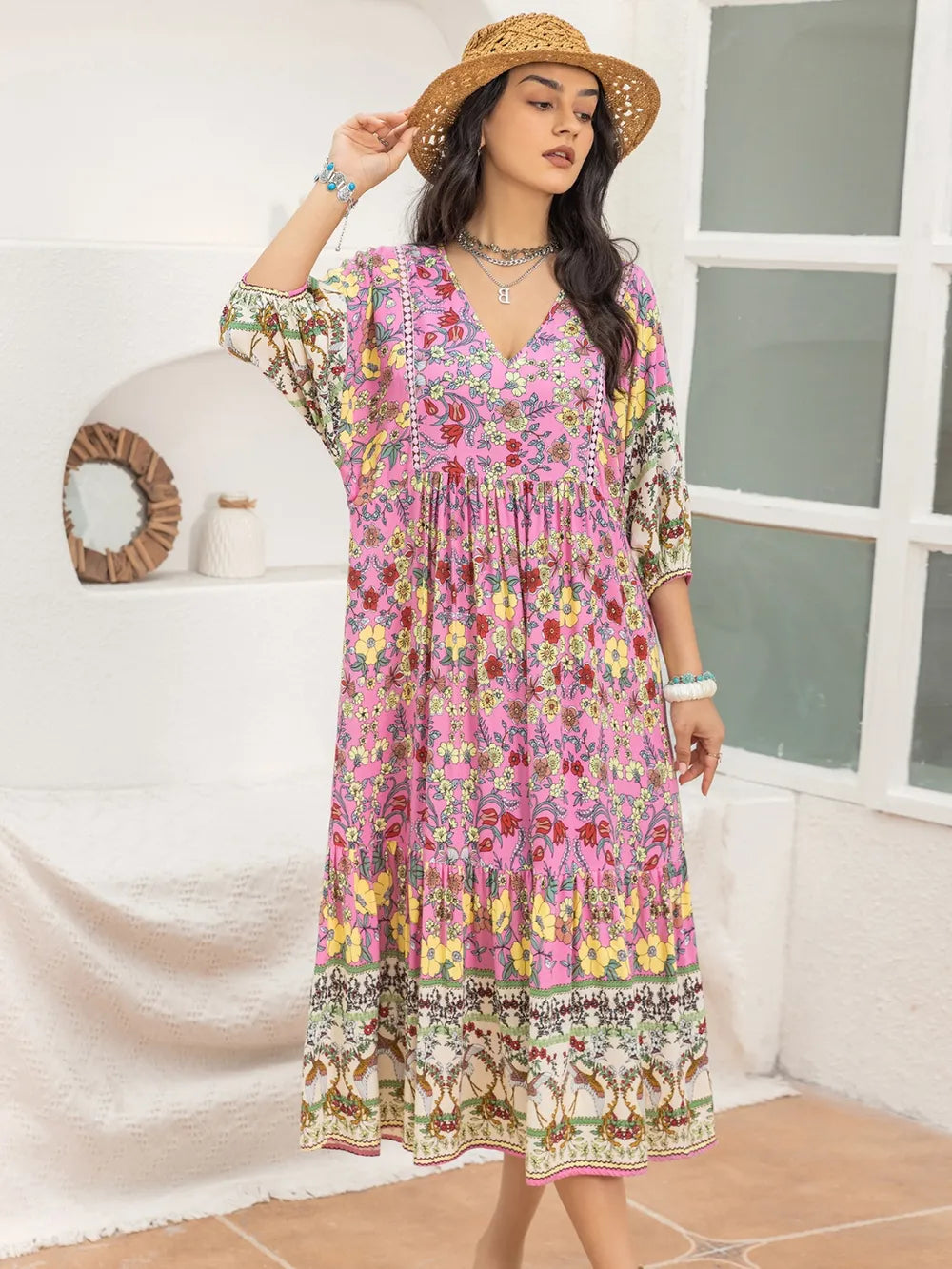 Printed V-Neck Balloon Sleeve Dress