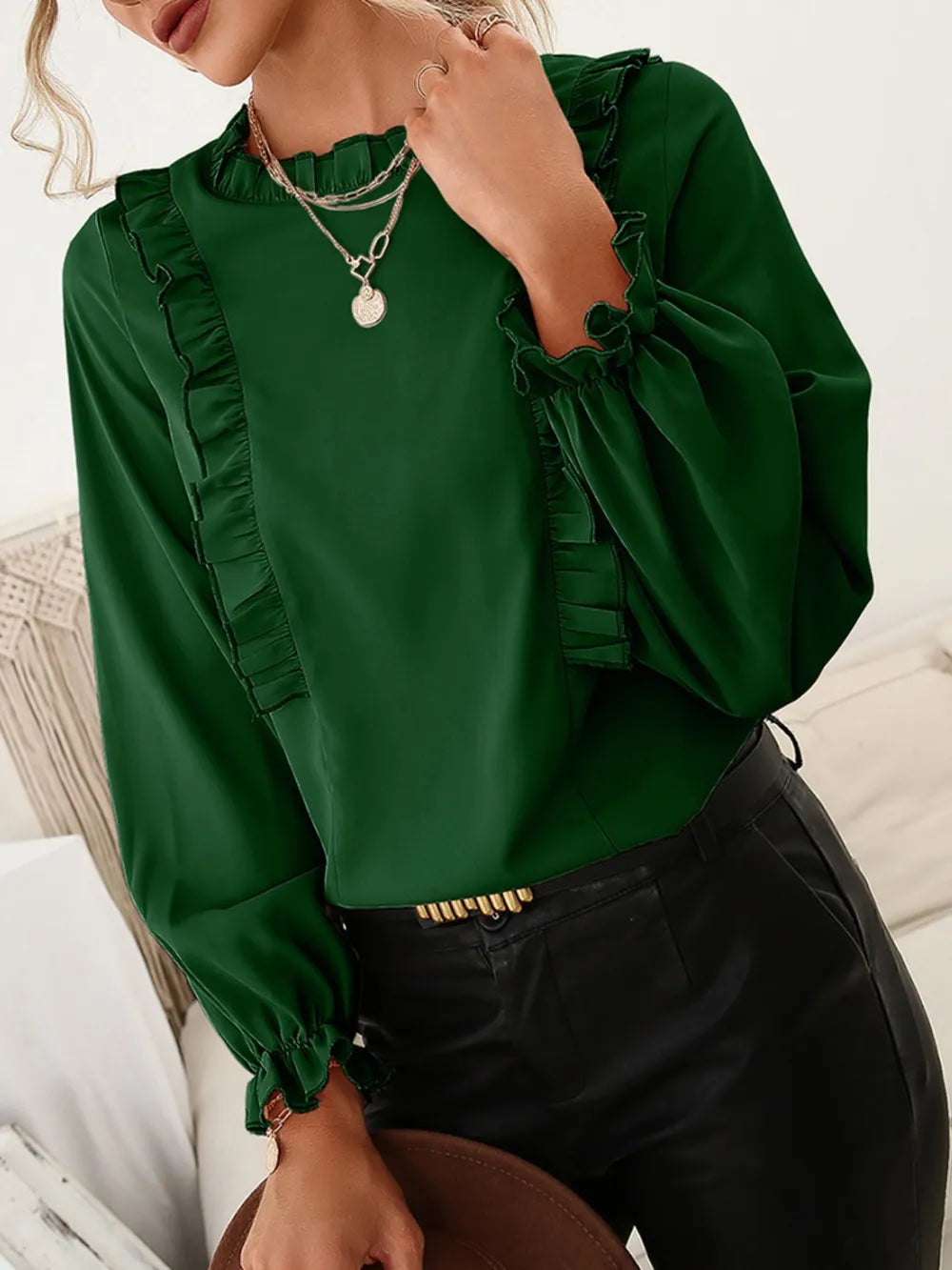 Frill Round Neck Flounce Sleeve Blouse