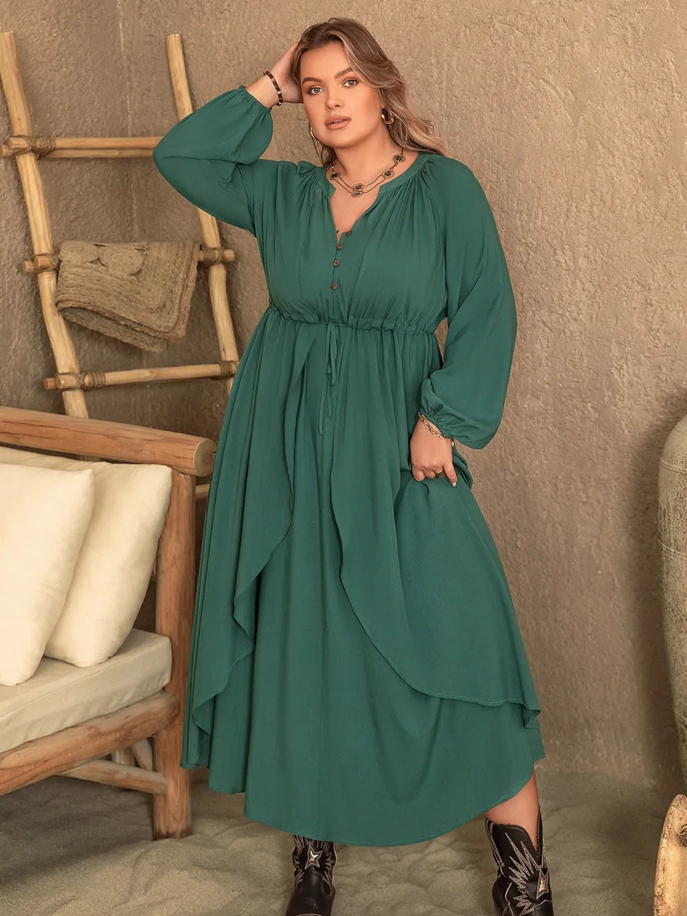 Plus Size Notched Layered Balloon Sleeve Midi Dress