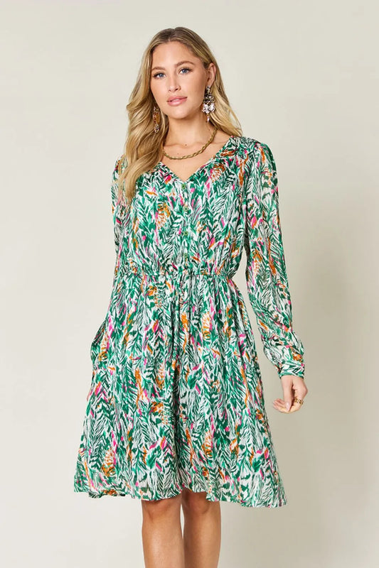 Double Take Full Size Printed Drawstring Waist Long Sleeve Dress