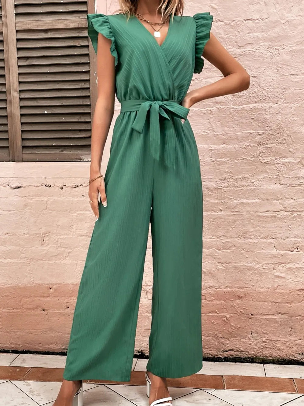 Ruffled Surplice Cap Sleeve Jumpsuit