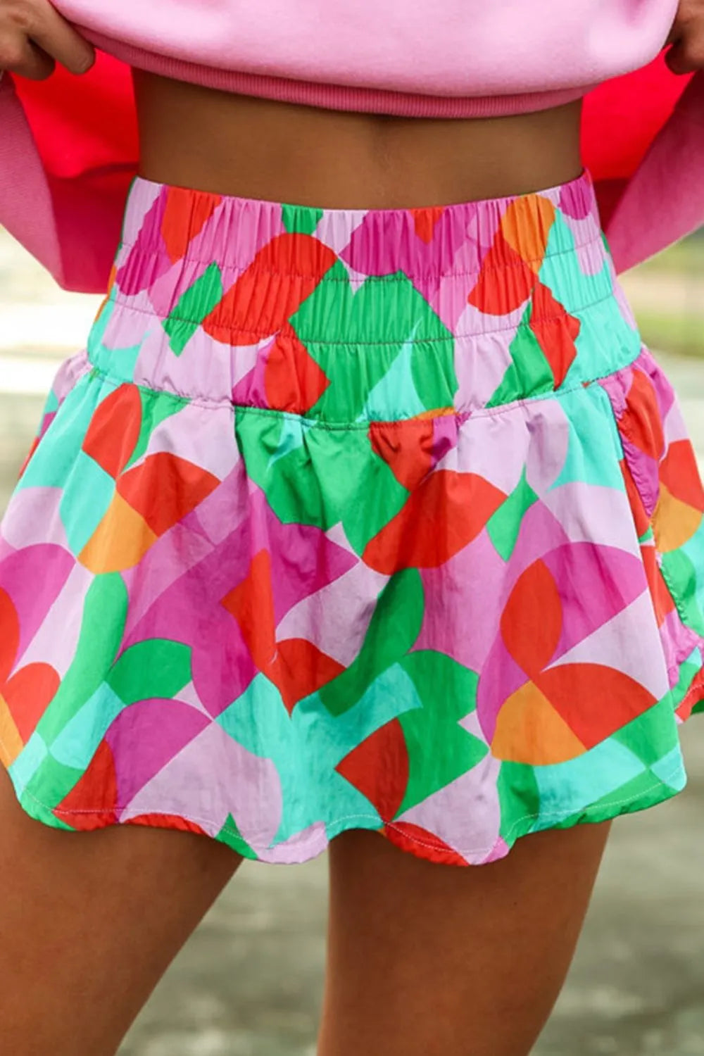 Smocked Contrast Print High Waist Skort