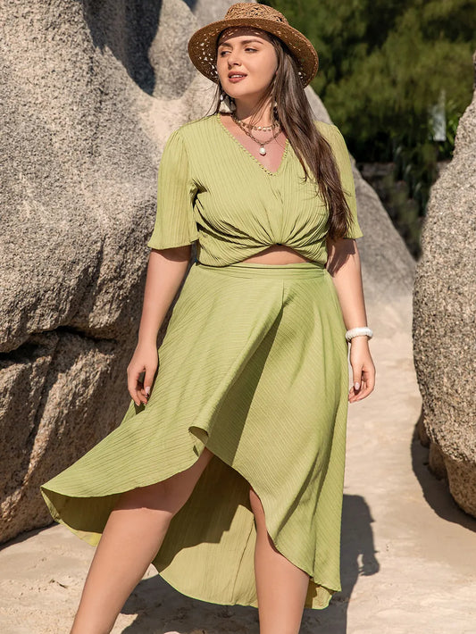 Plus Size V-Neck Half Sleeve Top and High-Low Skirt Set