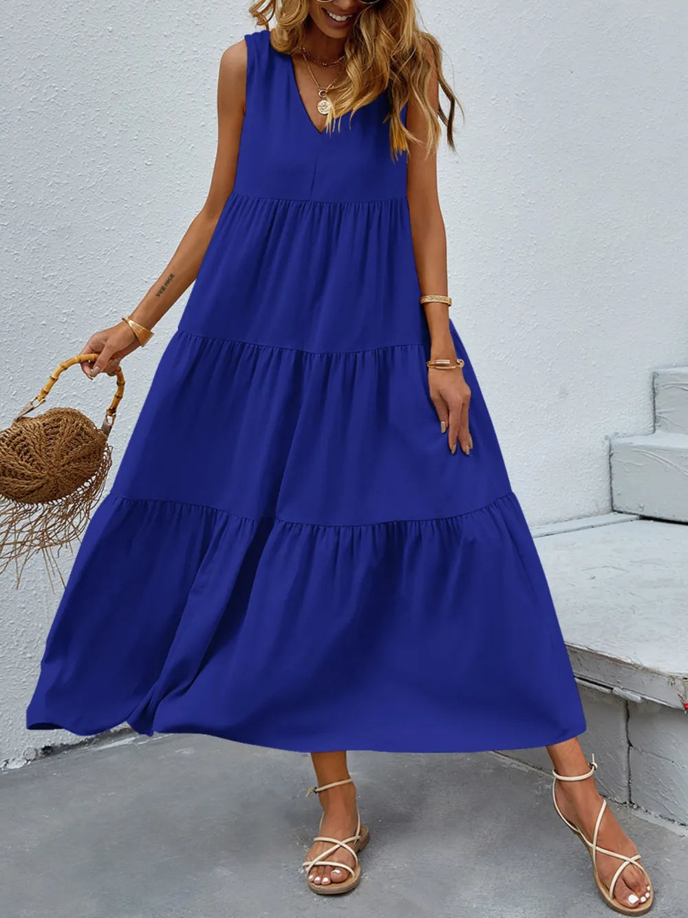 Tiered V-Neck Sleeveless Dress