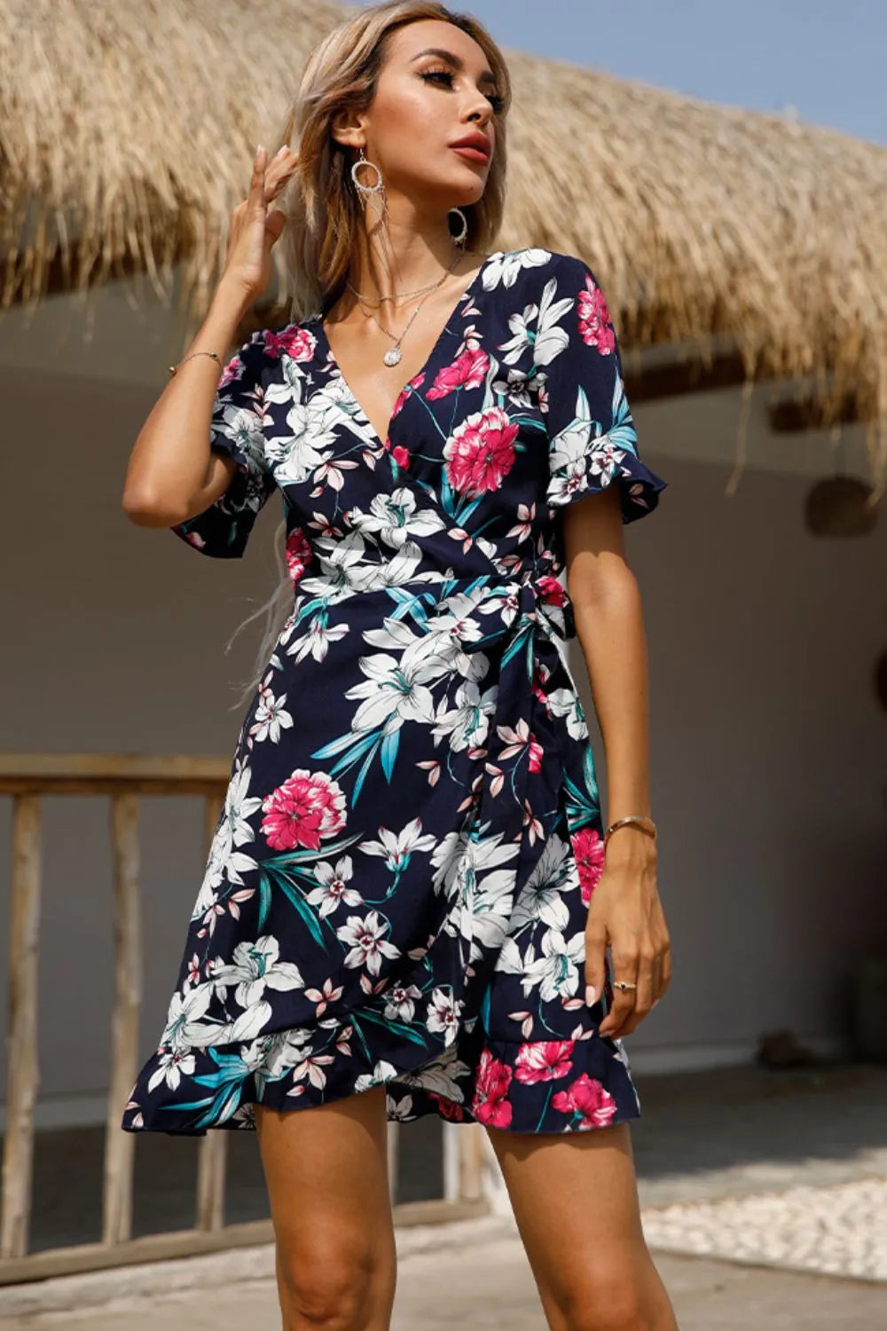 Floral Tied Flounce Sleeve Surplice Dress