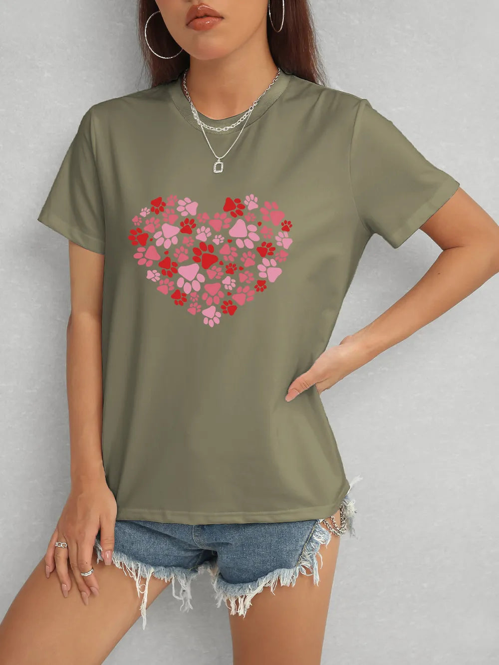 Heart Round Neck Short Sleeve T-Shirt