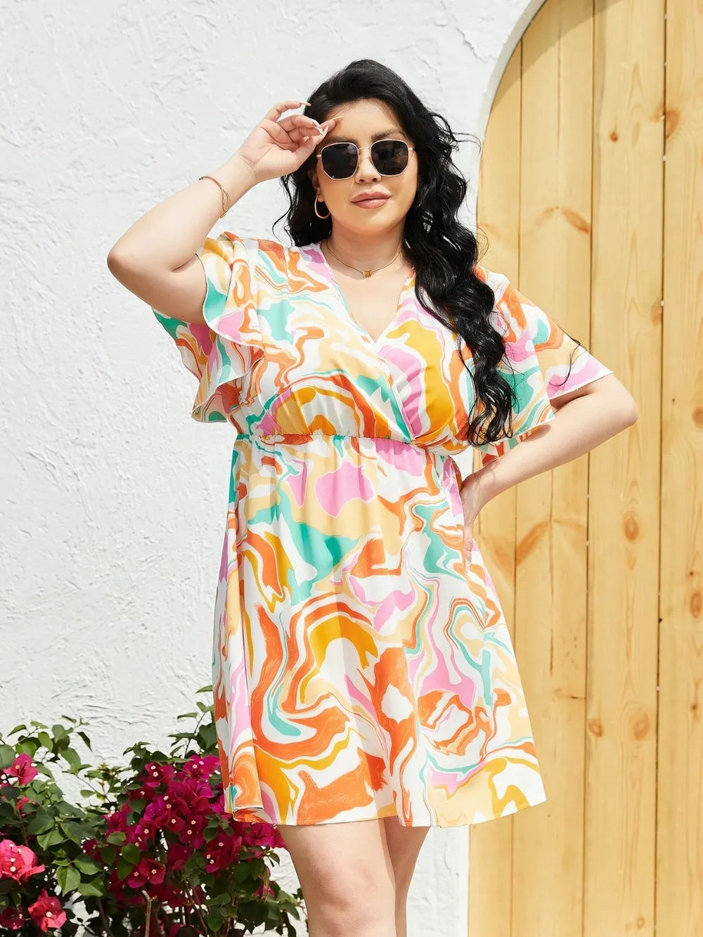 Plus Size Printed Surplice Flutter Sleeve Mini Dress